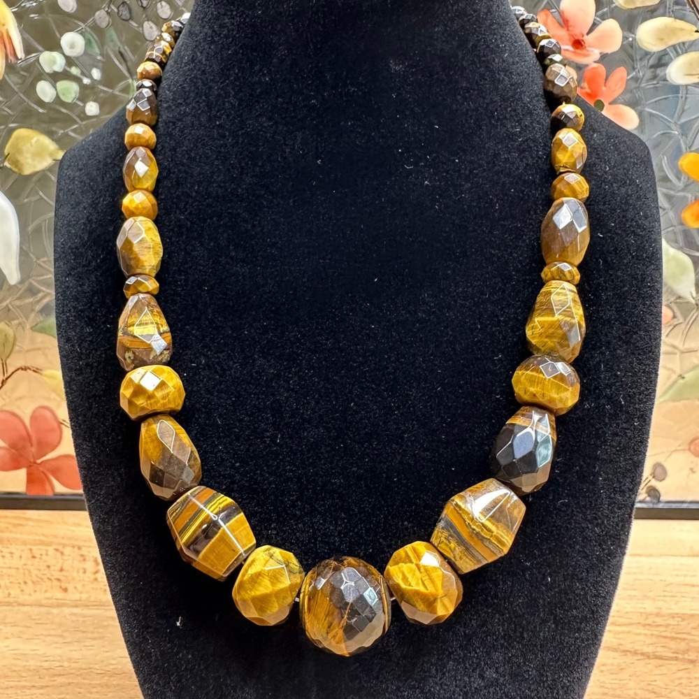 Vintage Women Necklace Brown Tigers Eye Quartz 925 Sterling Silver Boho Gemstone